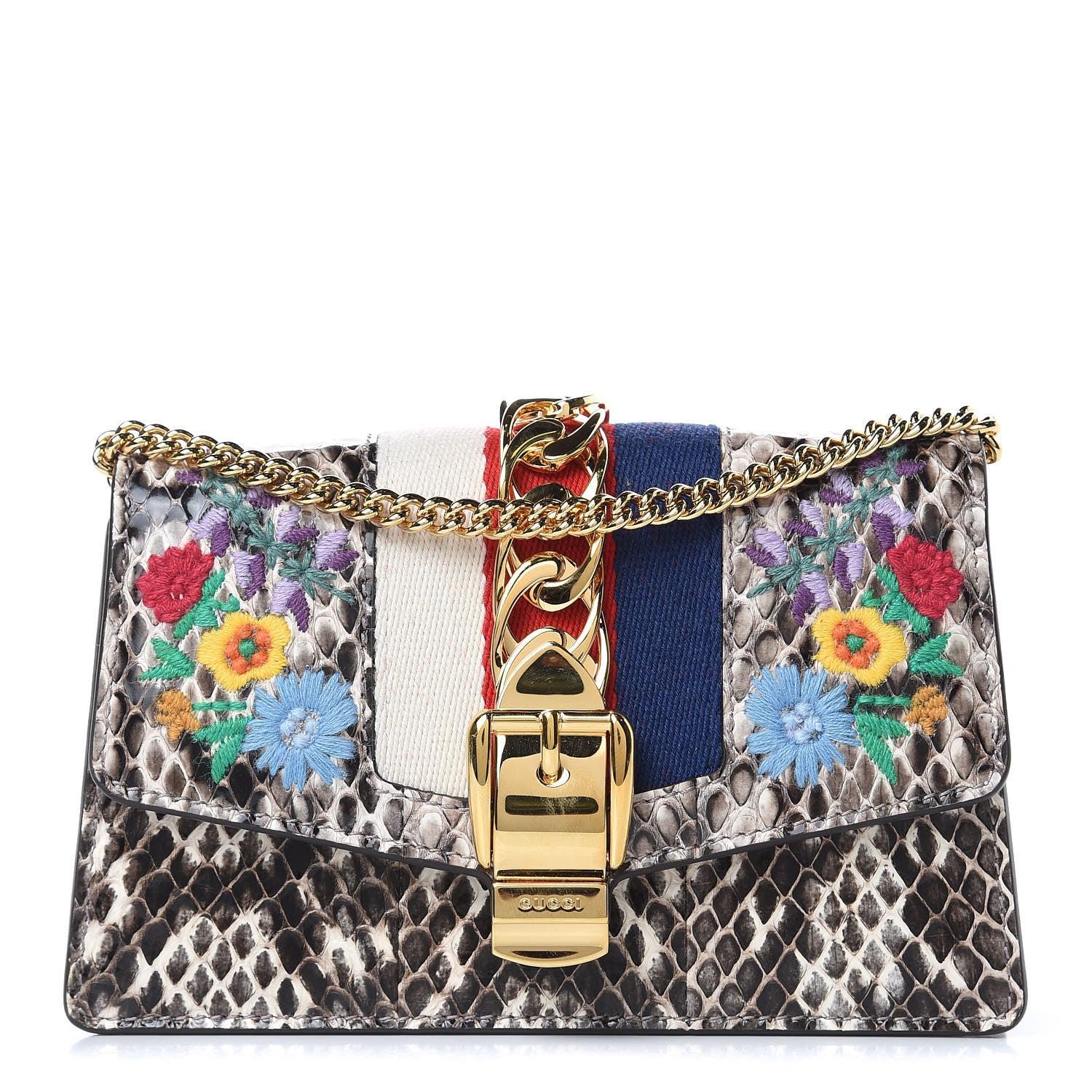 Gucci Snakeskin Floral Embroidered Super Mini Sylvie Chain Shoulder Bag 1 of 9