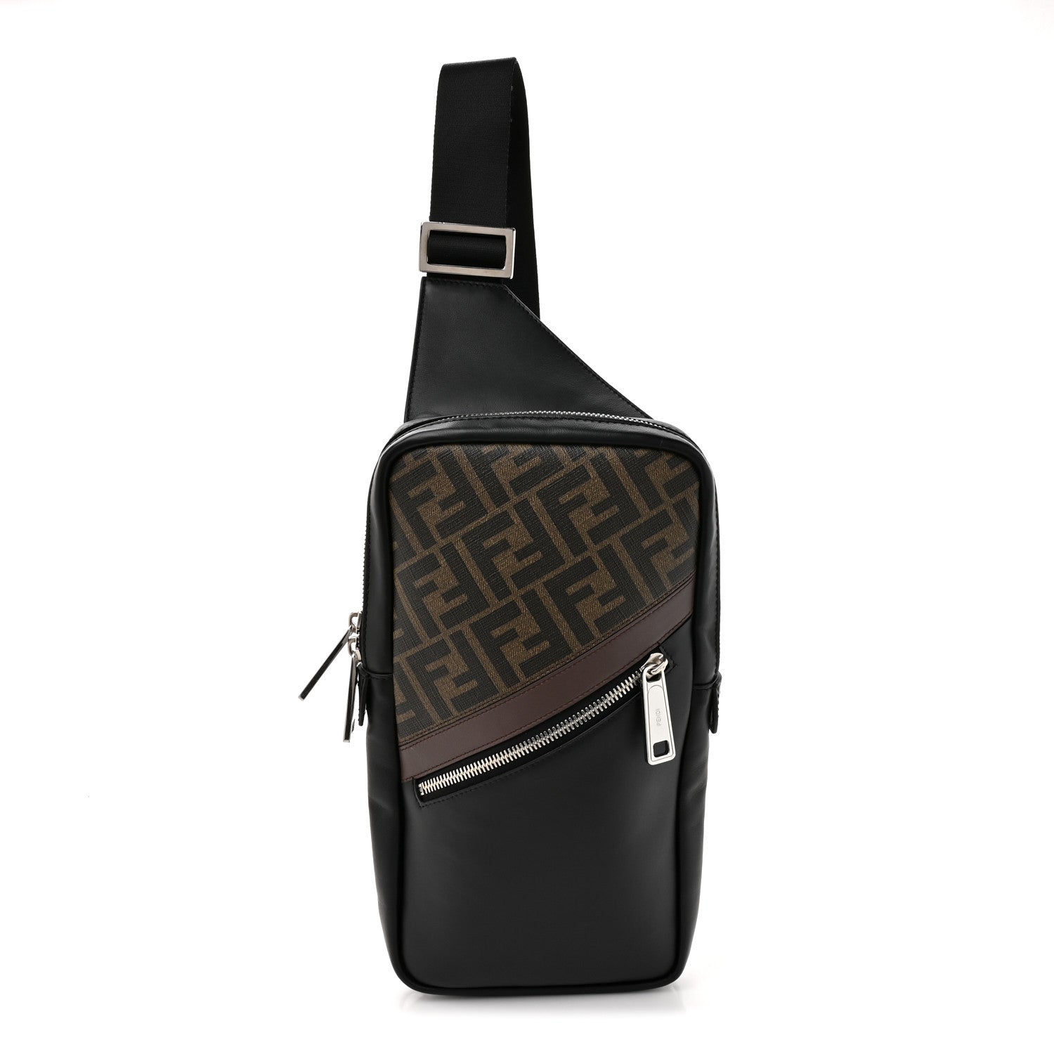Fendi Glazed Fabric Vitello Liberty FF 1974 Diagonal Sling Bag Tobacco Moresco Black 1 of 10