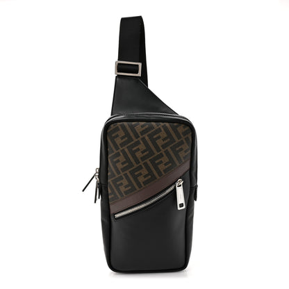 Fendi Glazed Fabric Vitello Liberty FF 1974 Diagonal Sling Bag Tobacco Moresco Black 1 of 10