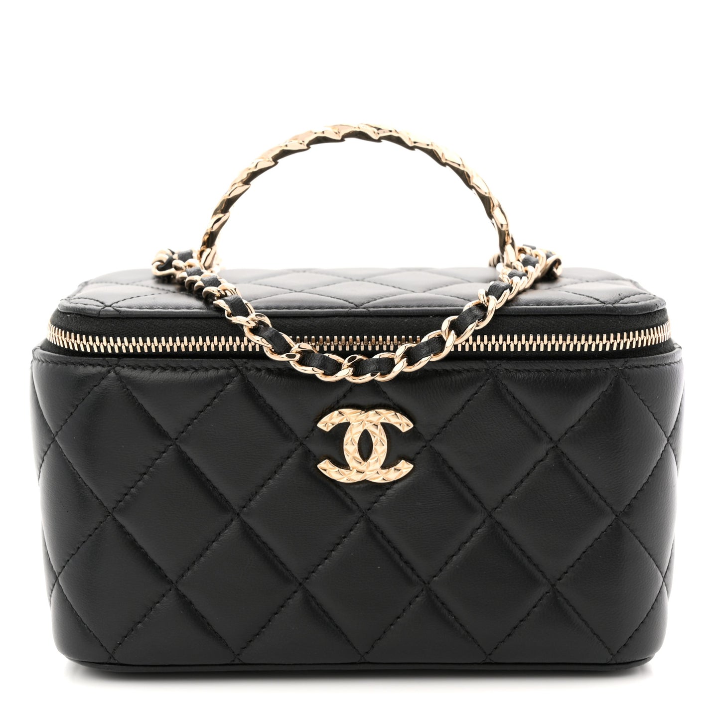 Lambskin Quilted Crystal Small Top Handle Vanity Case With Chain Black