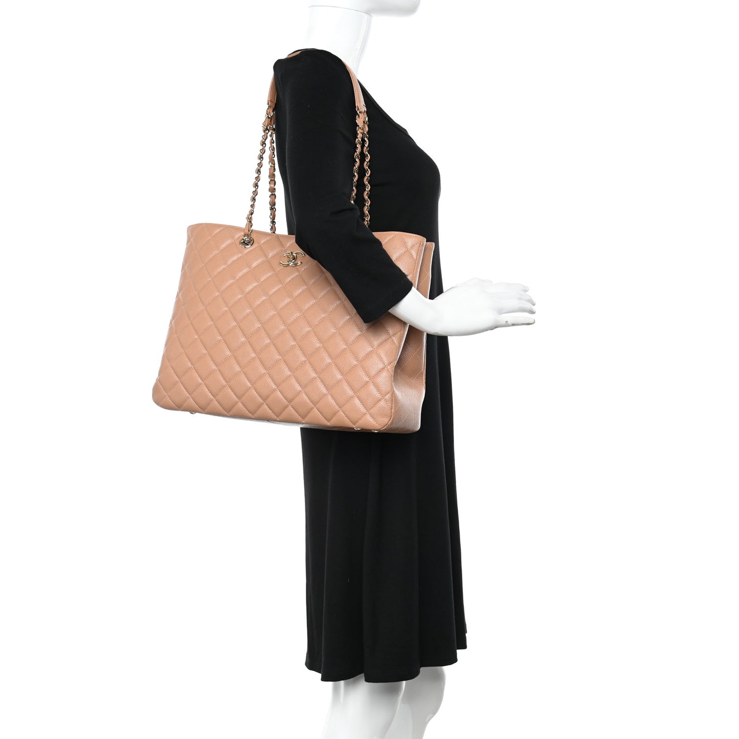 Caviar Quilted Large Classic Shopping Tote Light Beige