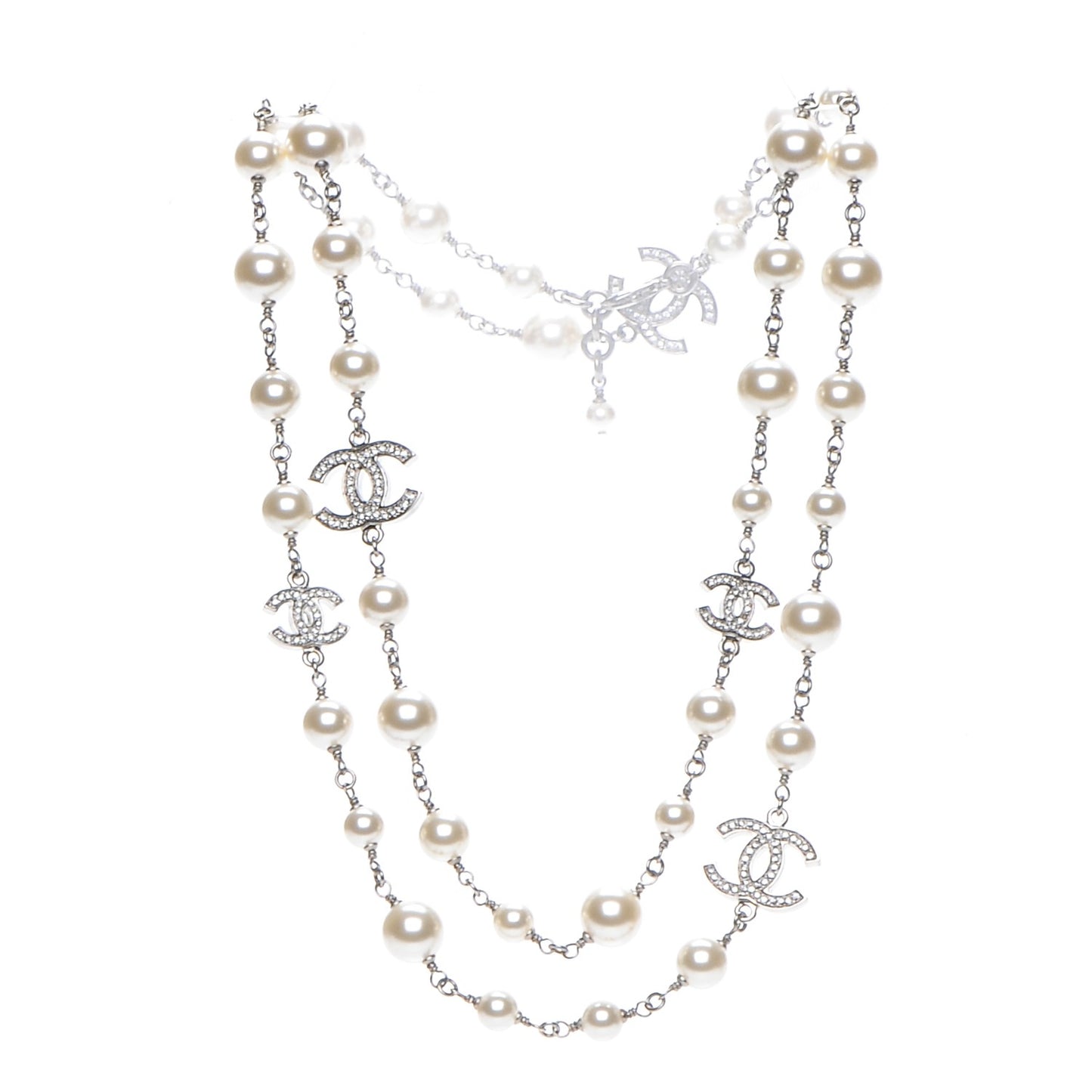 Crystal Pearl CC Long Necklace Silver