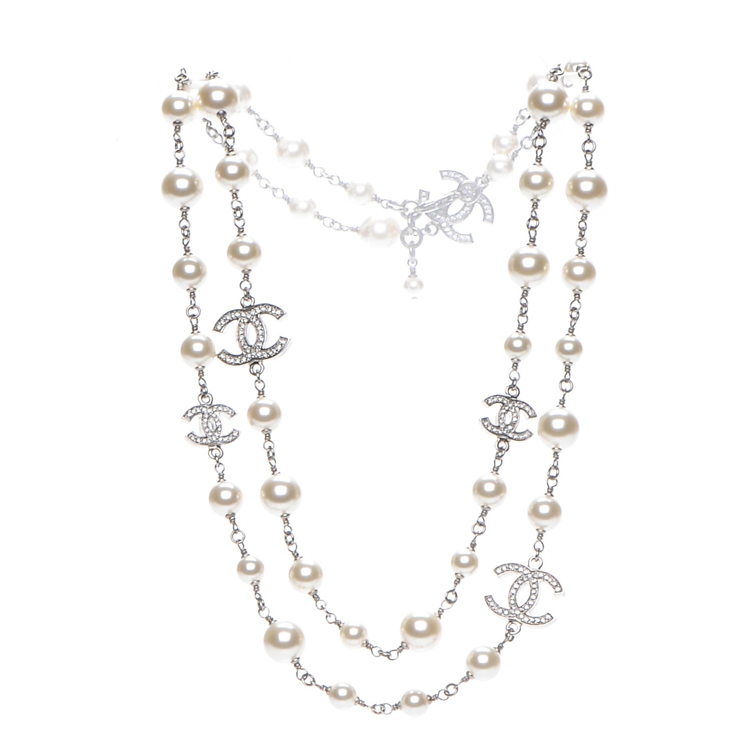 Chanel Crystal Pearl CC Long Necklace Silver 4 of 5