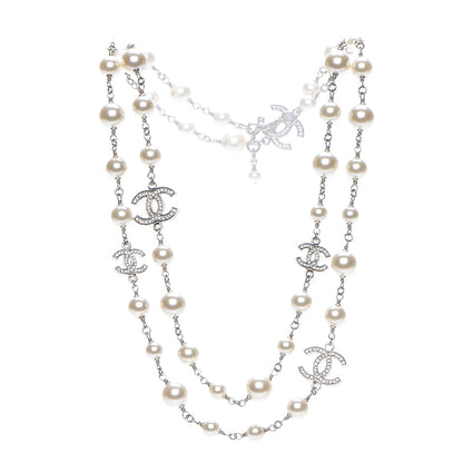 Chanel Crystal Pearl CC Long Necklace Silver 4 of 5
