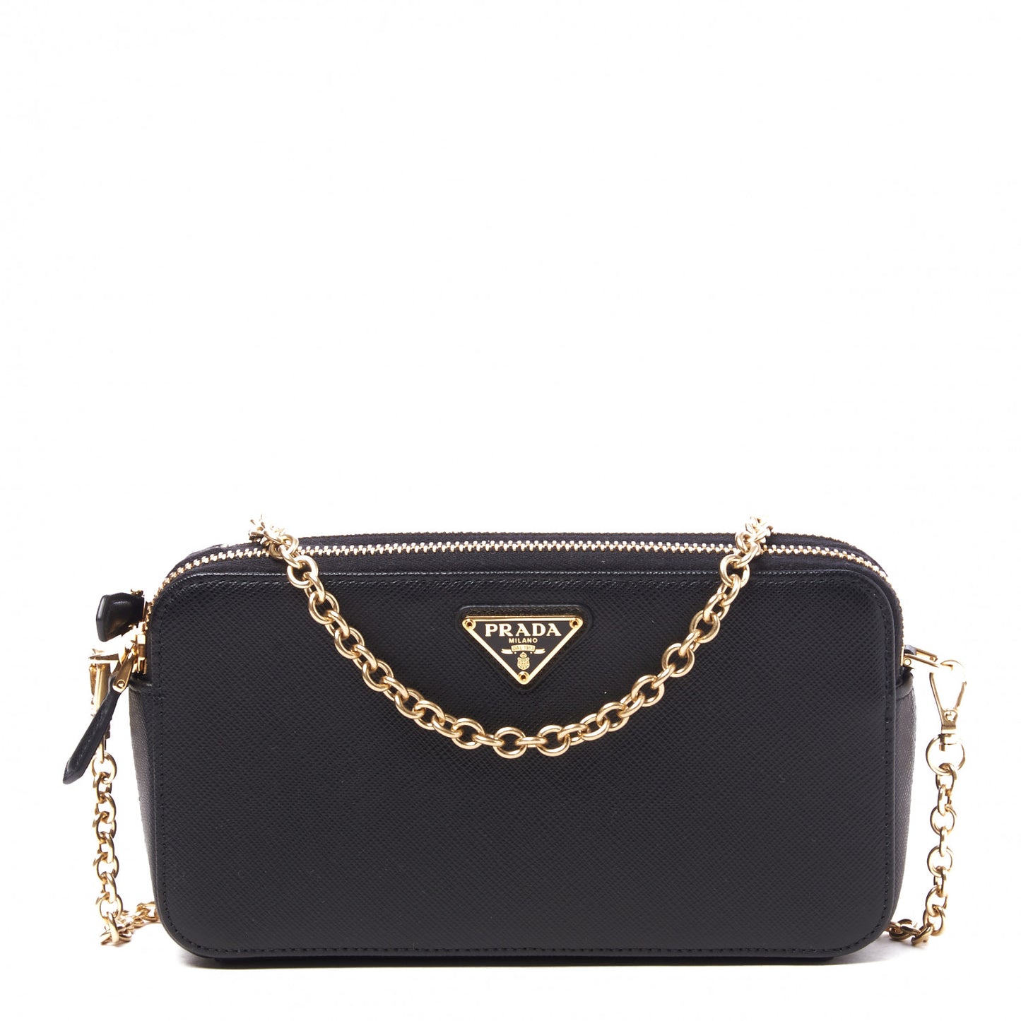 Saffiano Lux Mini Double Zip Chain Crossbody Bag Black