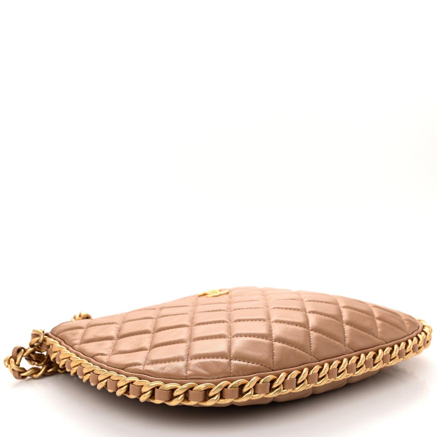 Shiny Crumpled Lambskin Quilted Large Trendy Chain Around Hobo Dark Beige