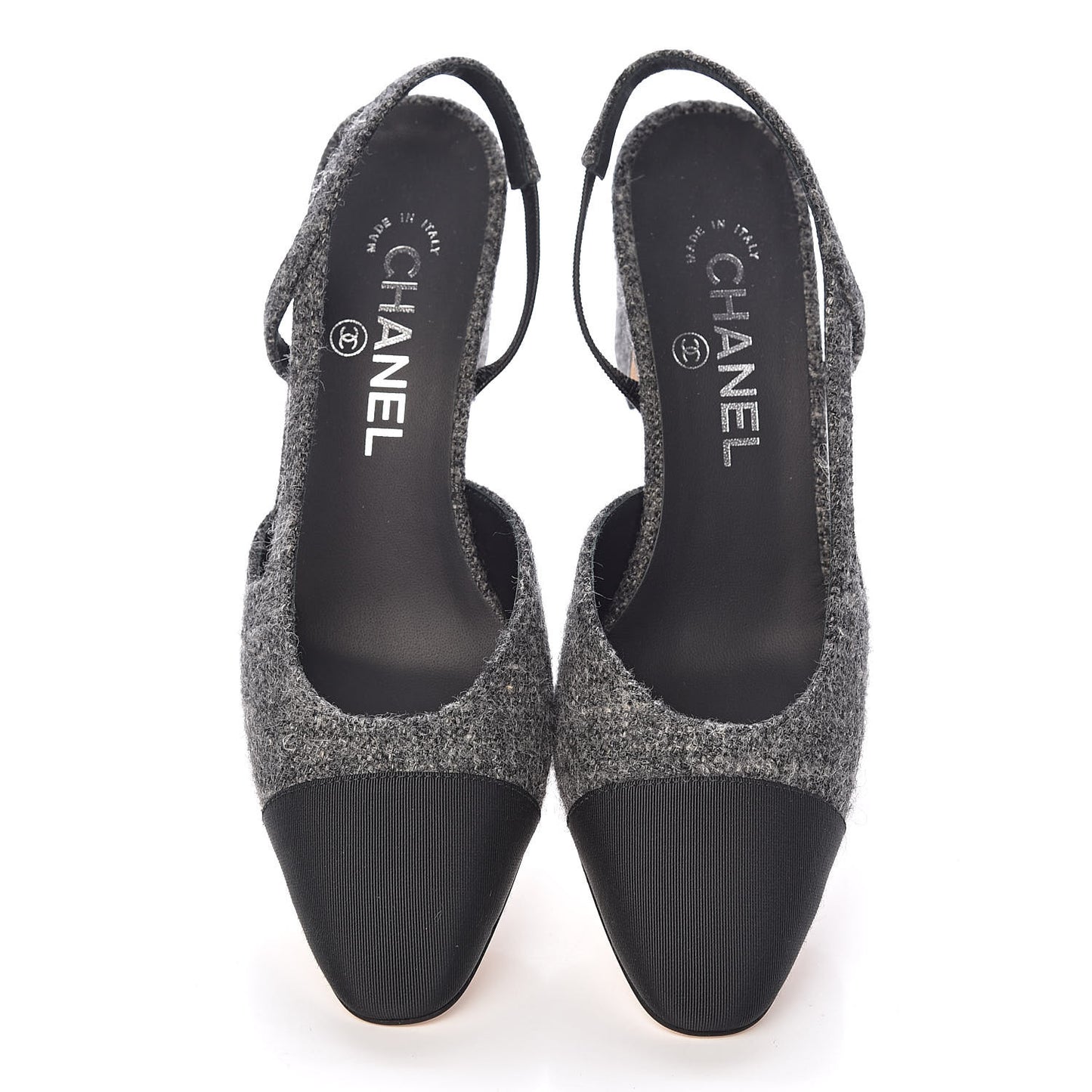 Tweed Grosgrain Cap Toe CC Slingback Pumps 37 Black Dark Grey