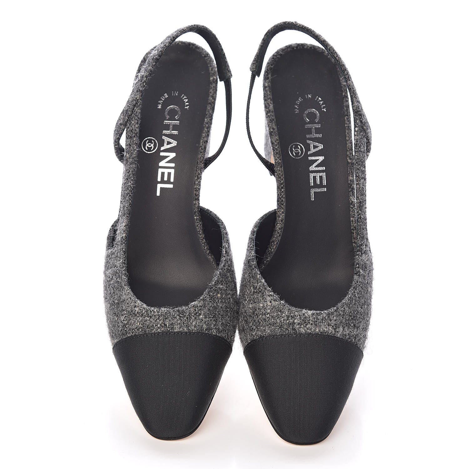Chanel Tweed Grosgrain Cap Toe CC Slingback Pumps 37 Black Dark Grey 8 of 9