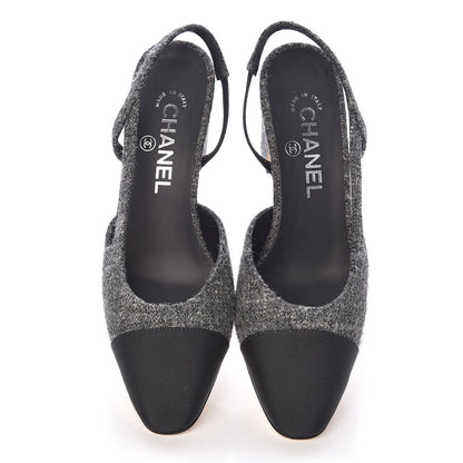 Chanel Tweed Grosgrain Cap Toe CC Slingback Pumps 37 Black Dark Grey 8 of 9