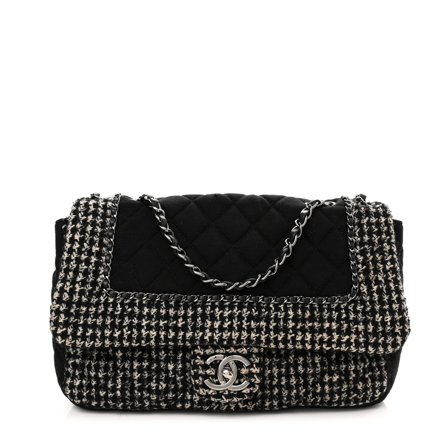 Chanel Tweed Jersey Quilted Medium Flap Black Ecru 1 of 9