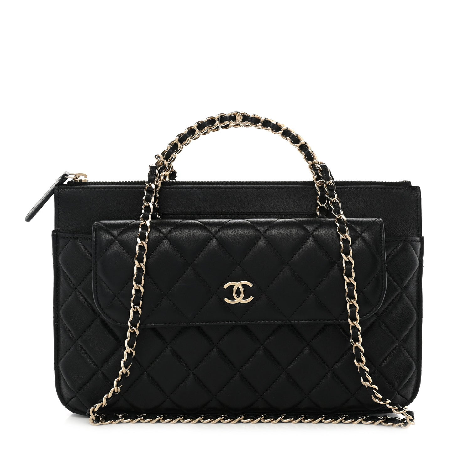 Lambskin Quilted Chain Top Handle Clutch With Chain Black