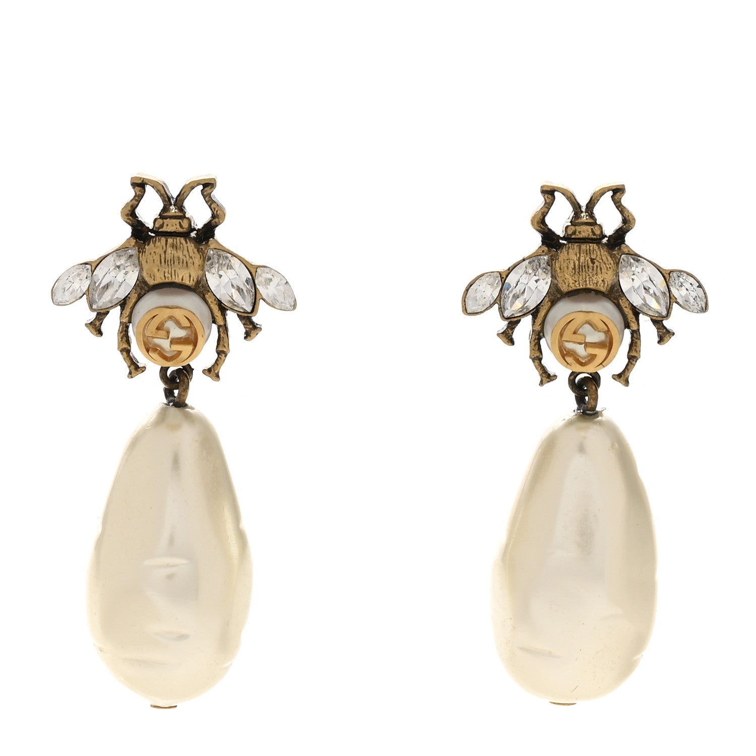 Gucci Crystal Pearl Drop Bee Earrings Gold 1 of 4