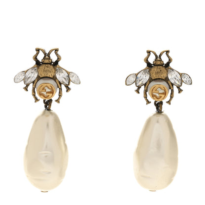 Gucci Crystal Pearl Drop Bee Earrings Gold 1 of 4