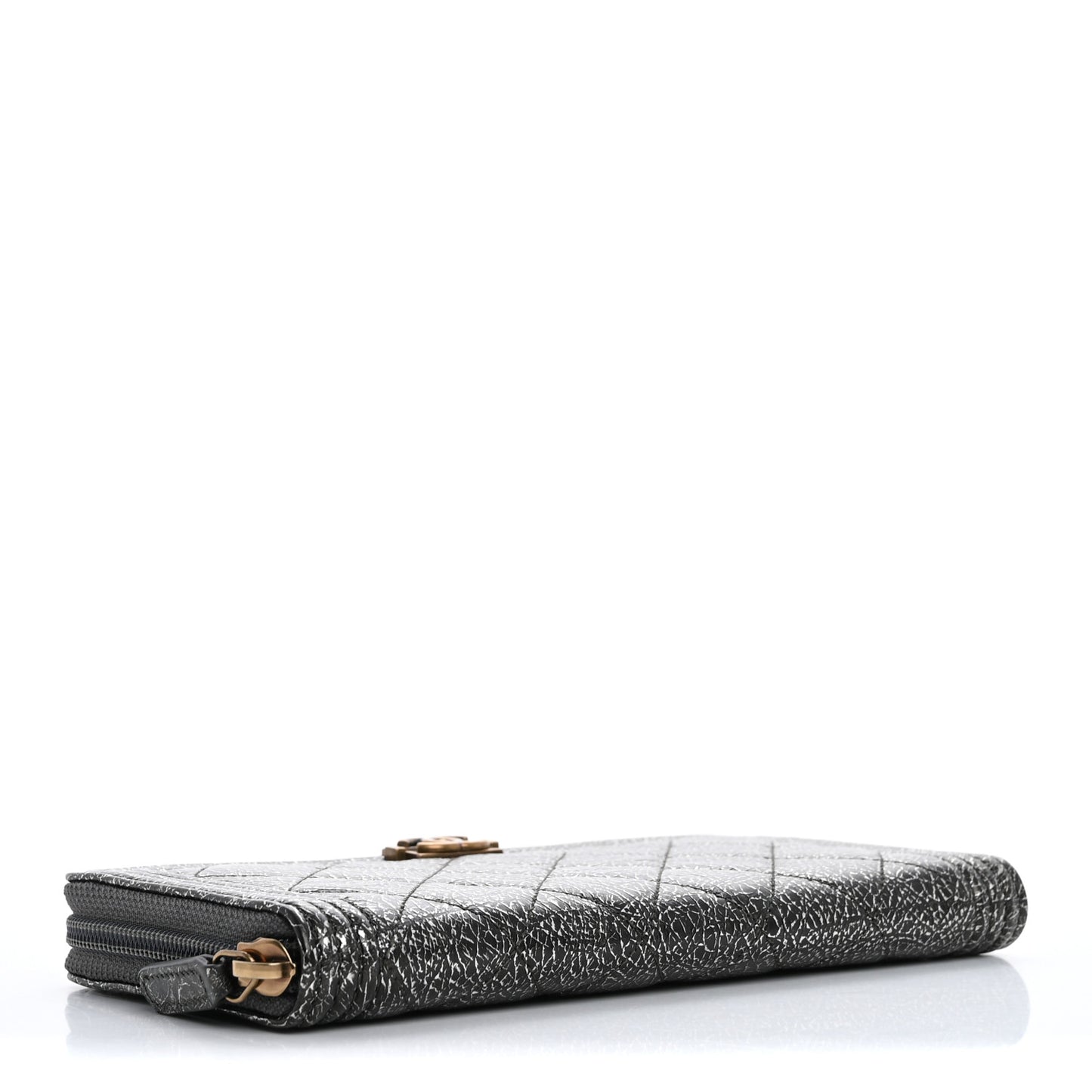 Cracked Metallic Calfskin Quilted Boy Long Zip Around Wallet Dark Silver