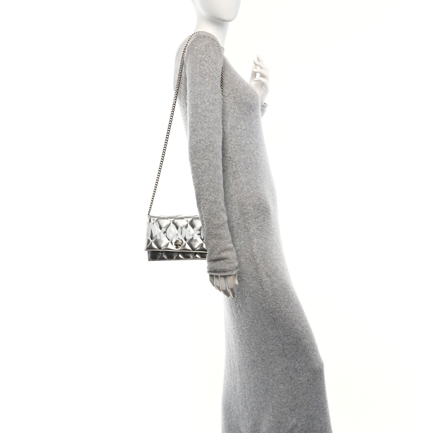 Alexander McQueen Metallic Calfskin Quilted Graffiti Skull Small Chain Crossbody Bag Silver 2 of 9