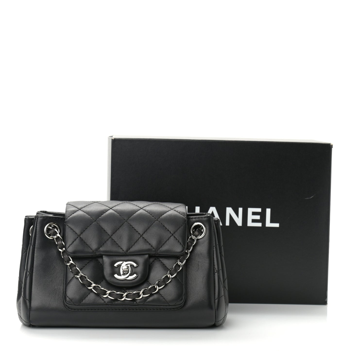 Lambskin Quilted CC Small Accordion Shopping Bag Black