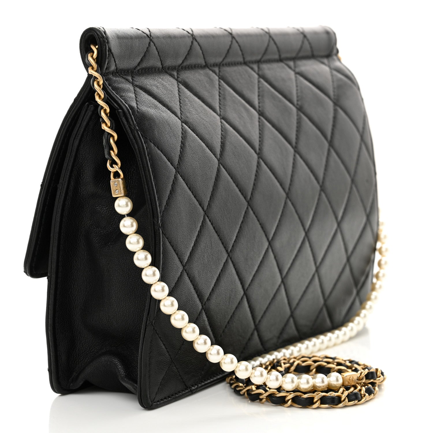 Chanel Lambskin Quilted Large Pearl Chain Flap Bag Black 3 of 10