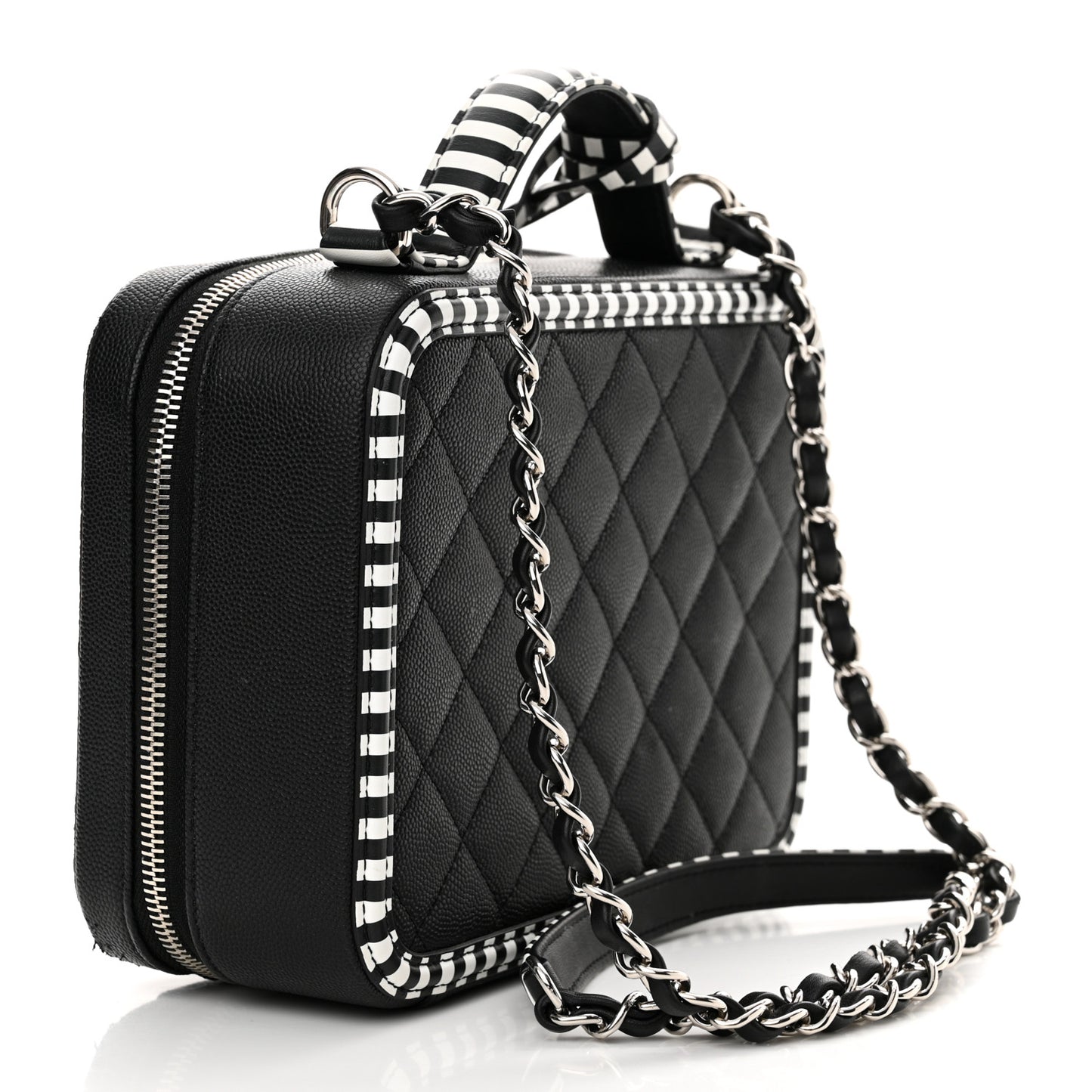 Caviar Quilted Striped Medium CC Filigree Vanity Case Black White