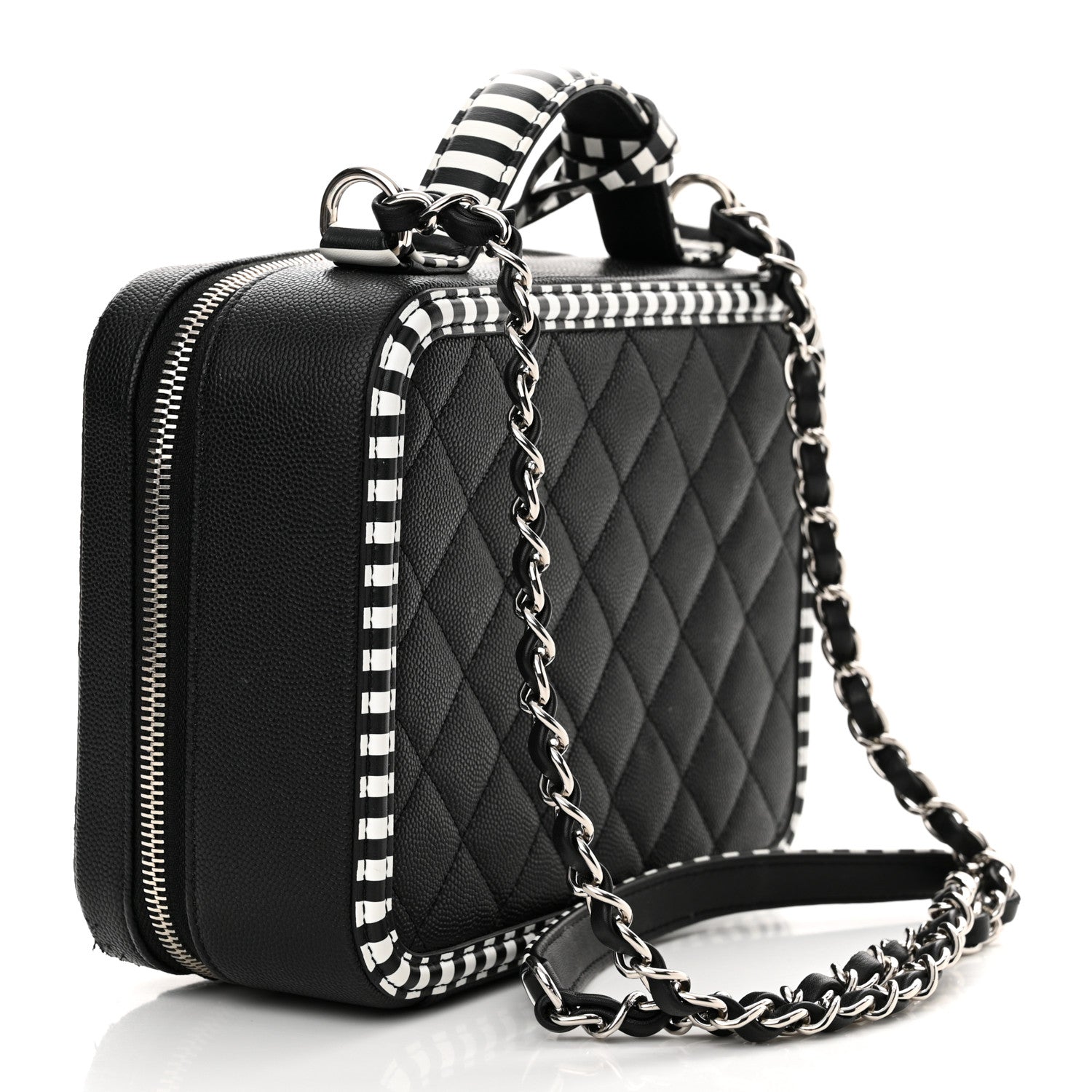 Chanel Caviar Quilted Striped Medium CC Filigree Vanity Case Black White 3 of 11