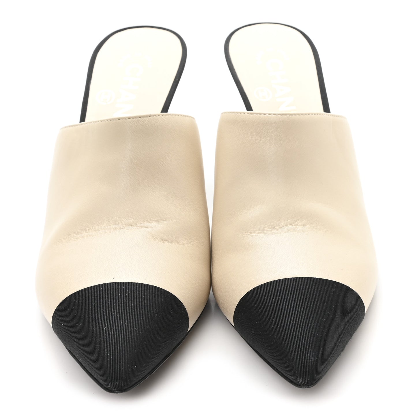 Goatskin Grosgrain Cap Toe Pearl Mule 39 Beige Black