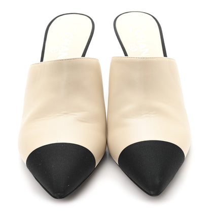 Chanel Goatskin Grosgrain Cap Toe Pearl Mule 39 Beige Black 3 of 9