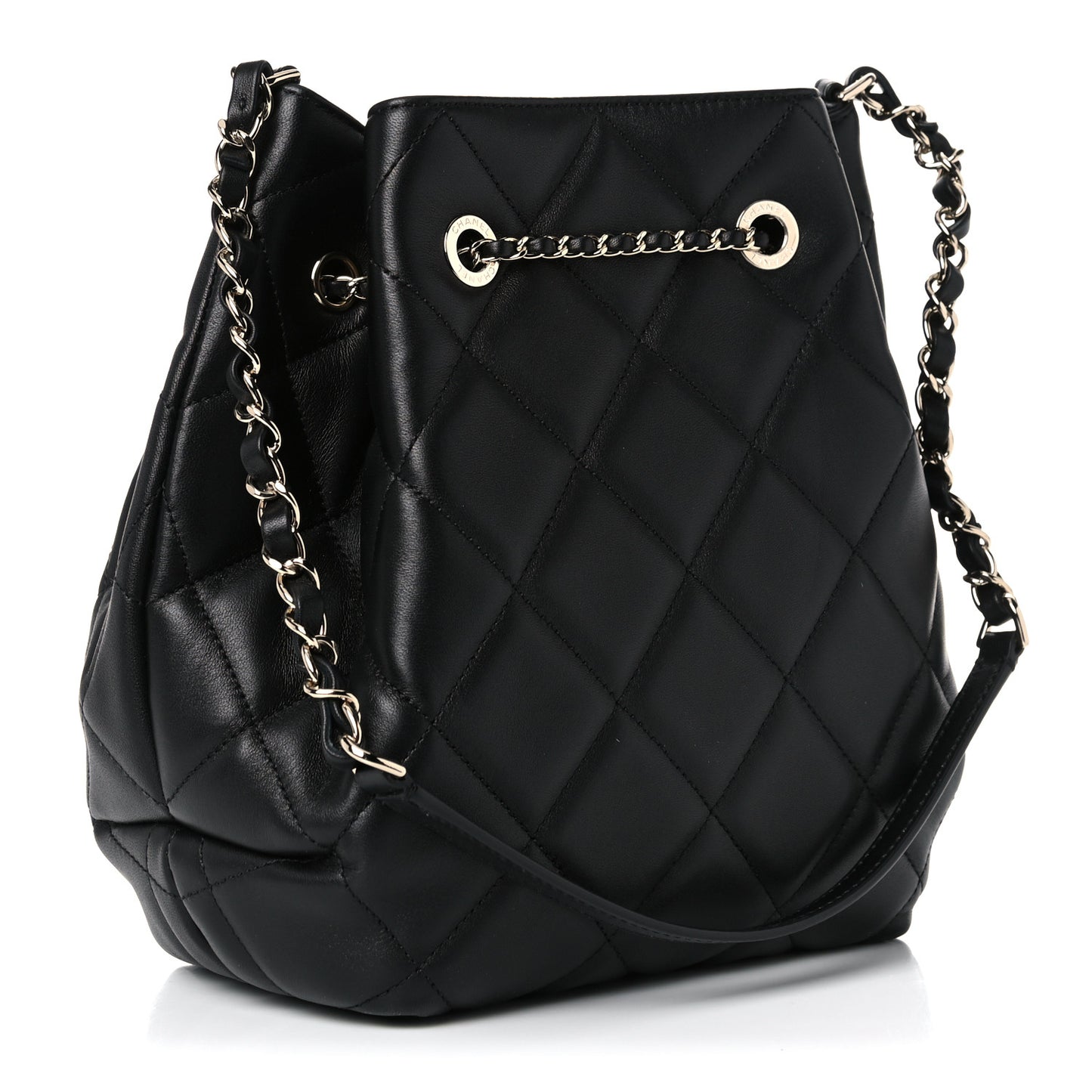 Lambskin Quilted Large CC Drawstring Bag Black