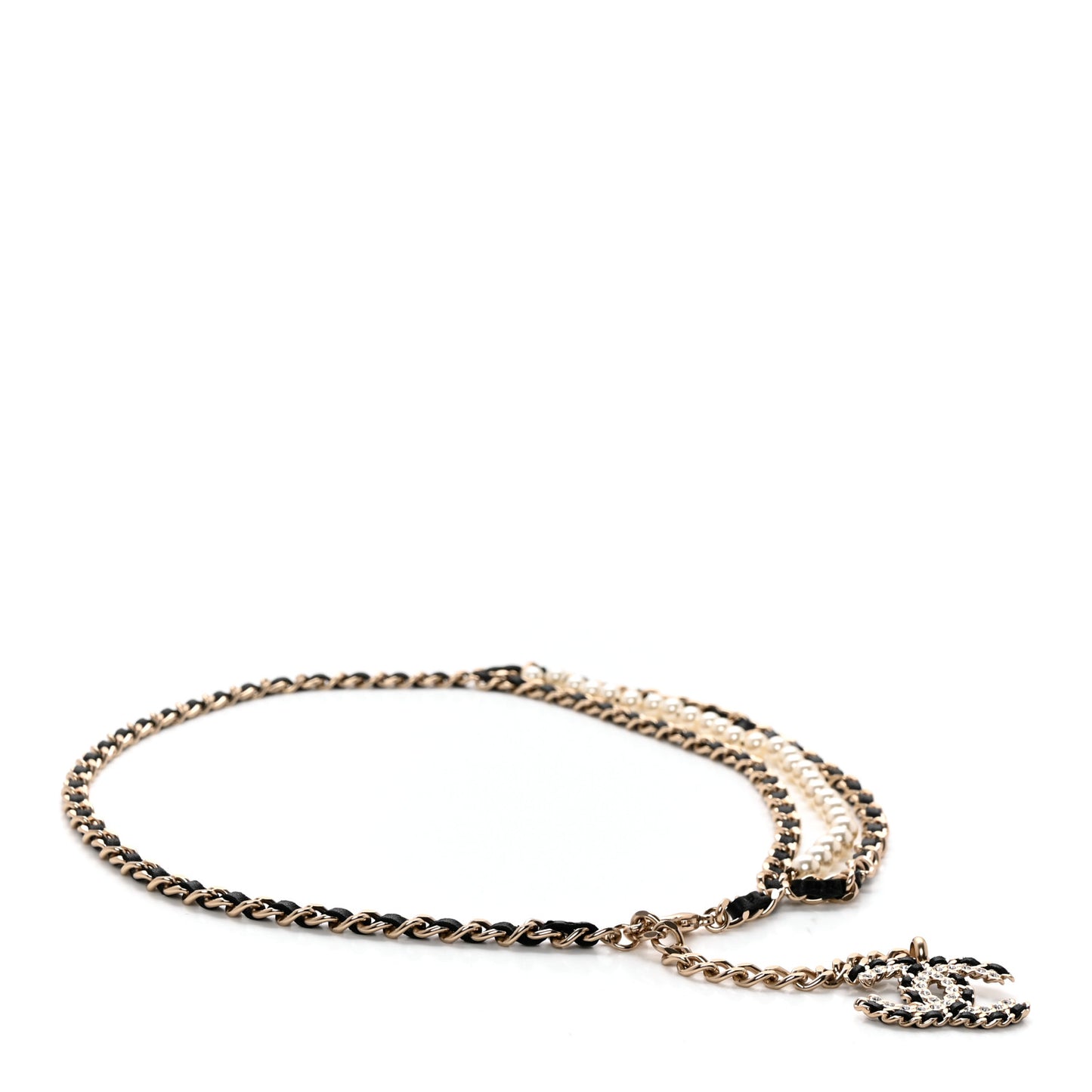 Lambskin Pearl Crystal Chain CC Fancy Belt 80 32 Black Gold