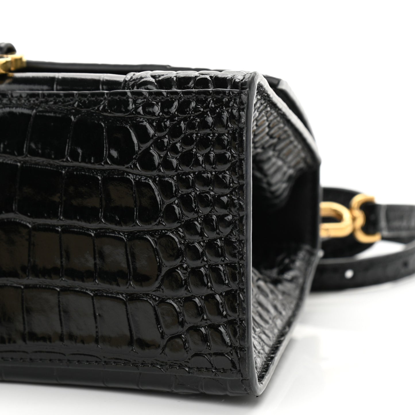 Shiny Calfskin Crocodile Embossed Small Hourglass Top Handle Bag Black