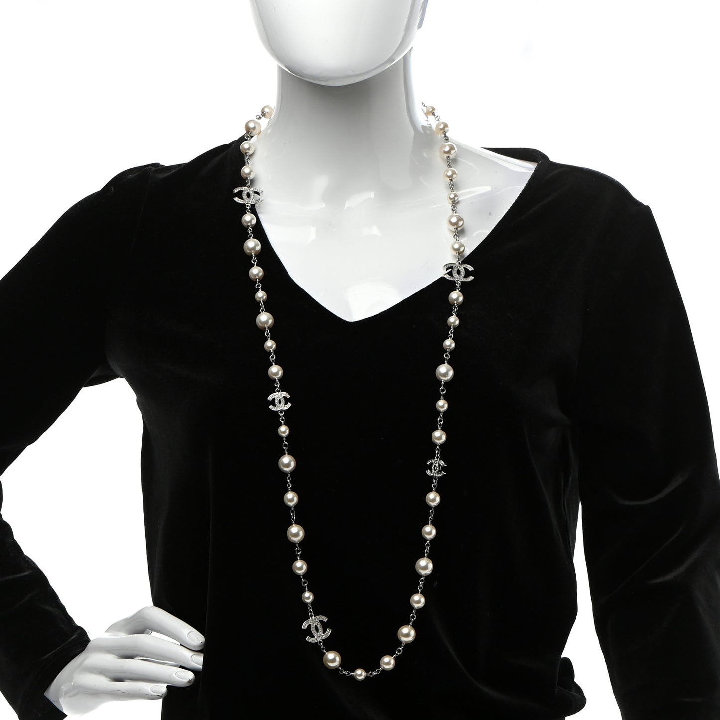 Crystal Pearl CC Long Necklace Silver