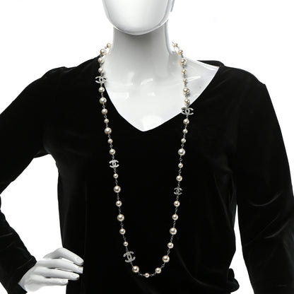 Chanel Crystal Pearl CC Long Necklace Silver 2 of 6