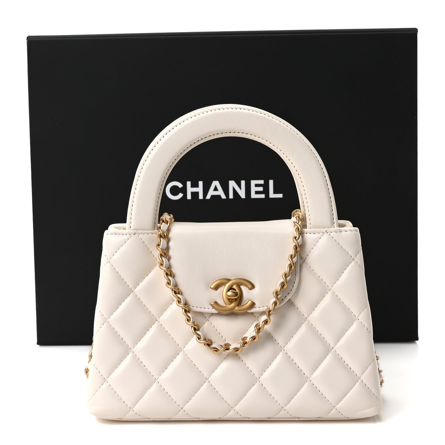 Shiny Aged Calfskin Quilted Nano Kelly Shopper White