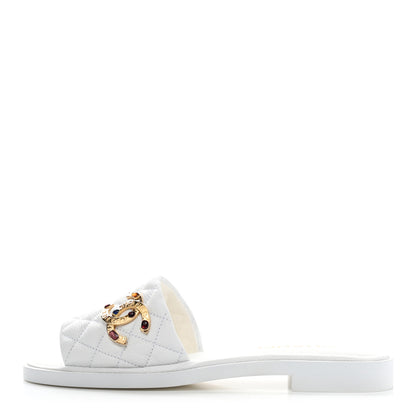 Chanel Shiny Goatskin Quilted CC Mules Sandals 37.5 White 1 of 9