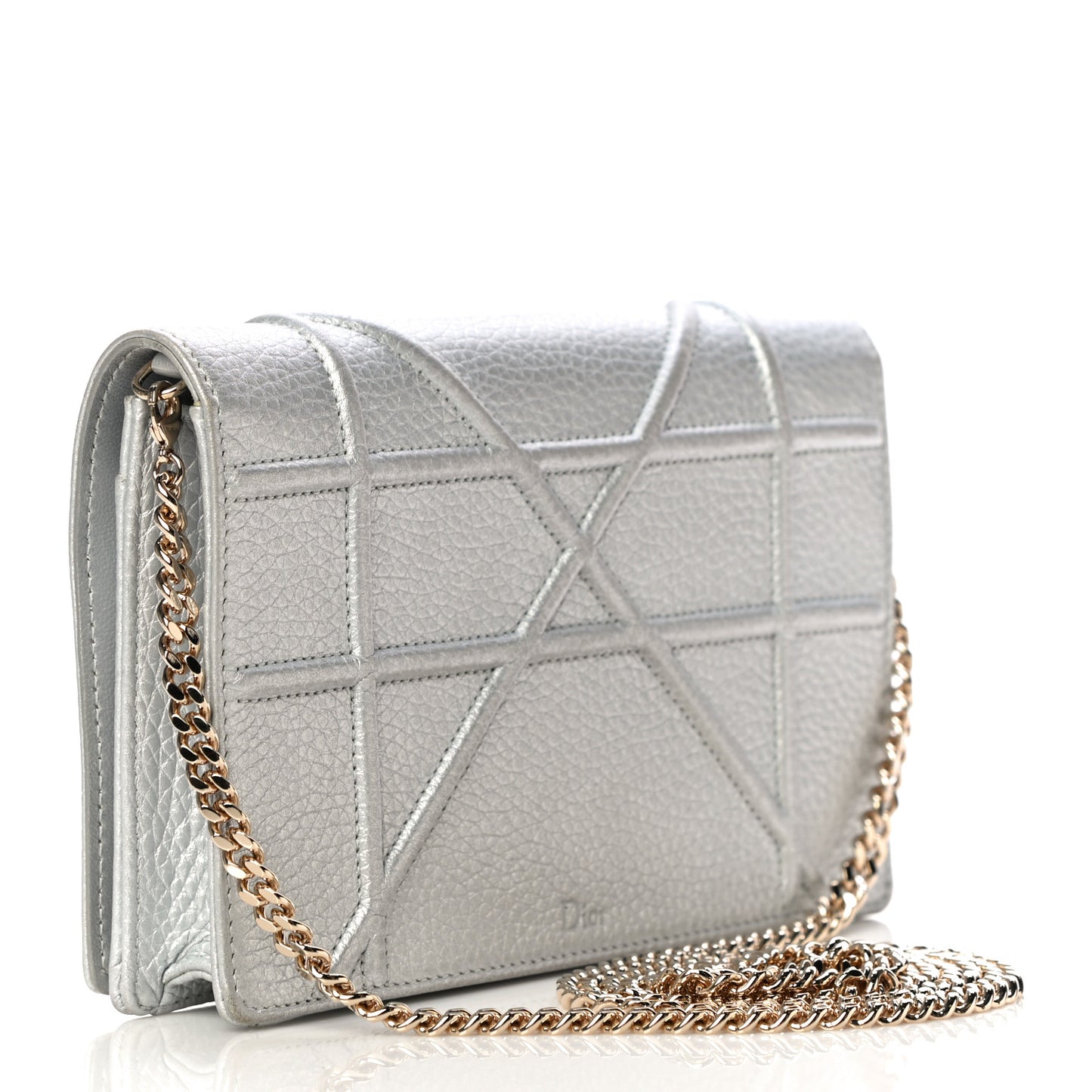 Metallic Grained Calfskin Diorama Wallet on Chain Pouch Silver