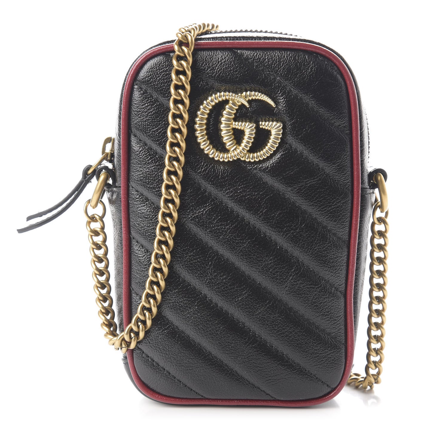 Vintage Effect Calfskin Matelasse Diagonal Mini Torchon GG Marmont Crossbody Bag Black Romantic Cherry