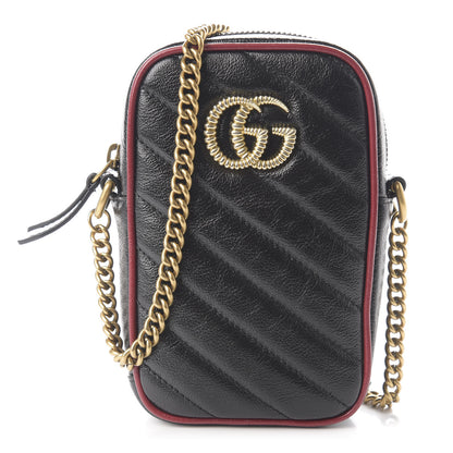 Gucci Vintage Effect Calfskin Matelasse Diagonal Mini Torchon GG Marmont Crossbody Bag Black Romantic Cherry 1 of 9