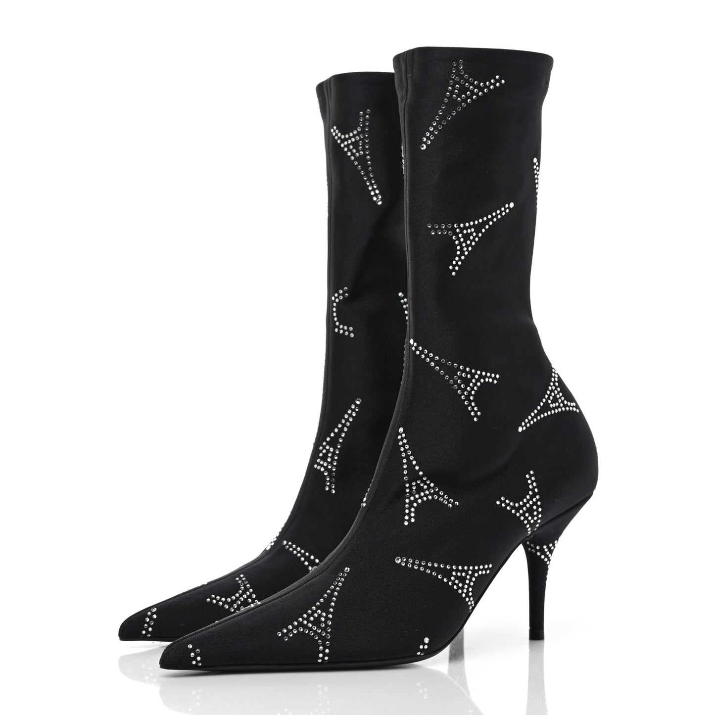 Spandex Crystal Eiffel Tower Print Extreme Pointed Toe Knife Ankle Boots 38 Black