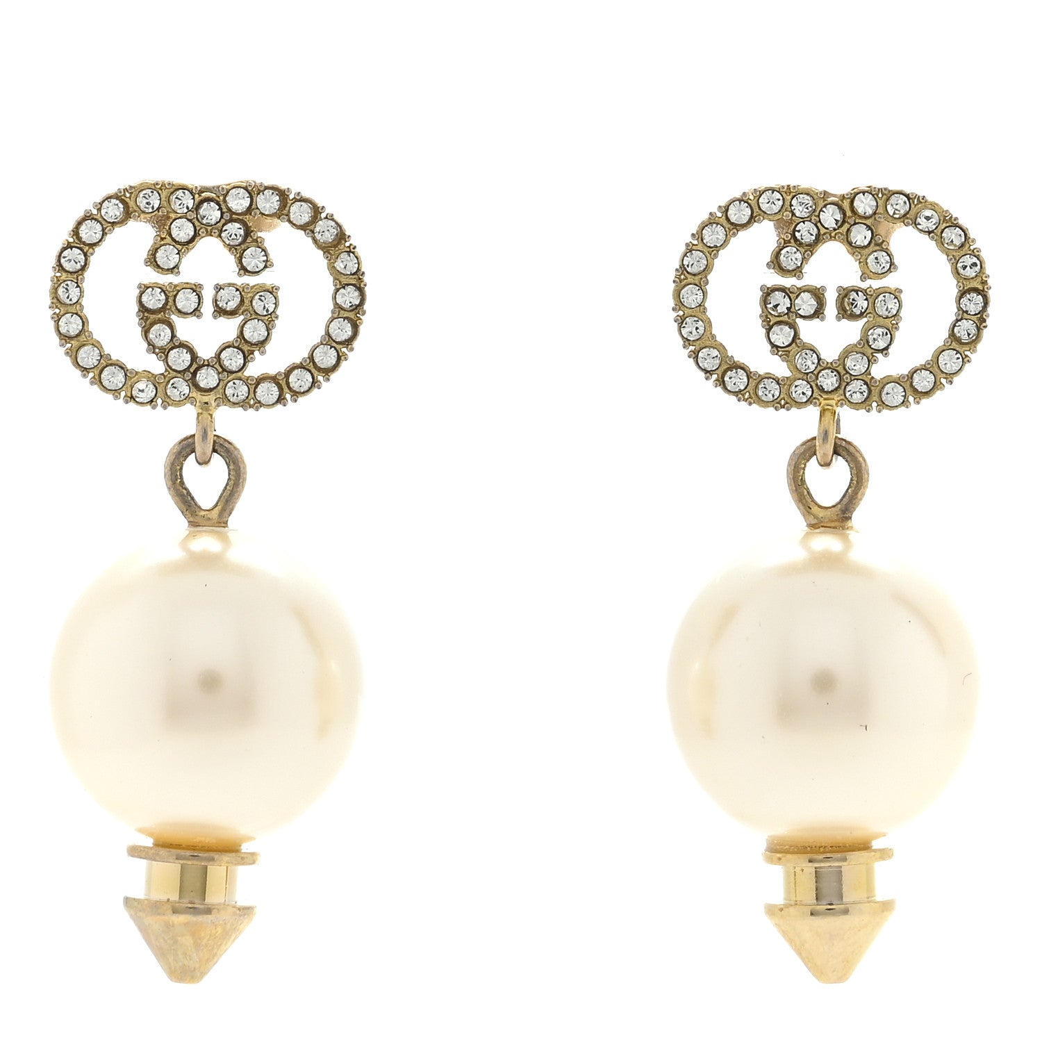 Gucci Metal Crystal Pearl Interlocking G Earrings Shiny Gold 1 of 4