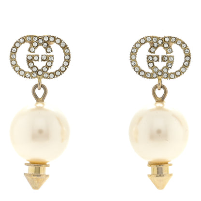 Gucci Metal Crystal Pearl Interlocking G Earrings Shiny Gold 1 of 4