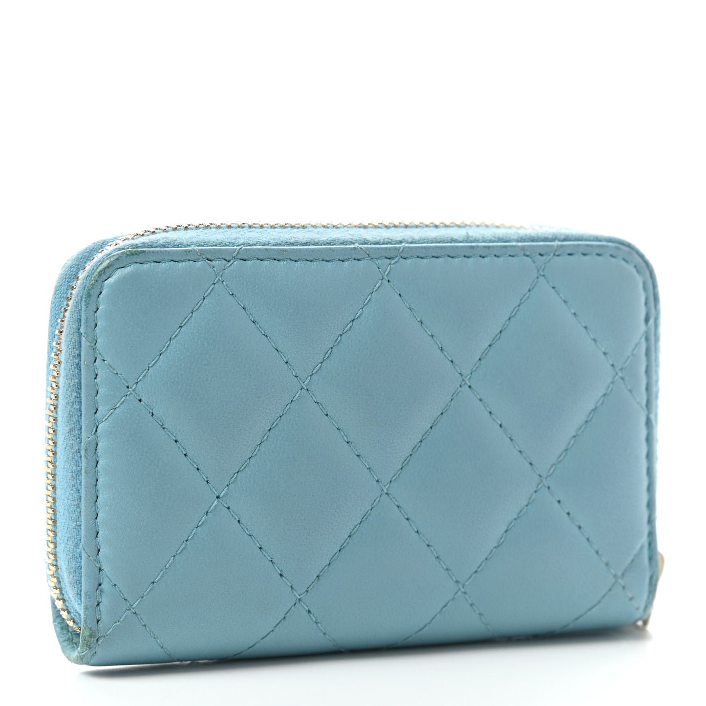 Lambskin Quilted Zip Around Coin Purse Wallet Light Blue