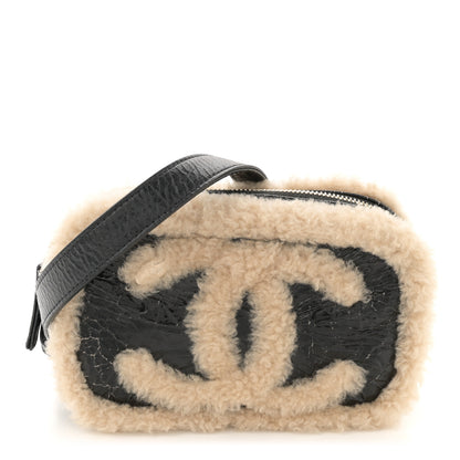 Chanel Shiny Crumpled Sheepskin Shearling Waist Bag Black Beige 1 of 12