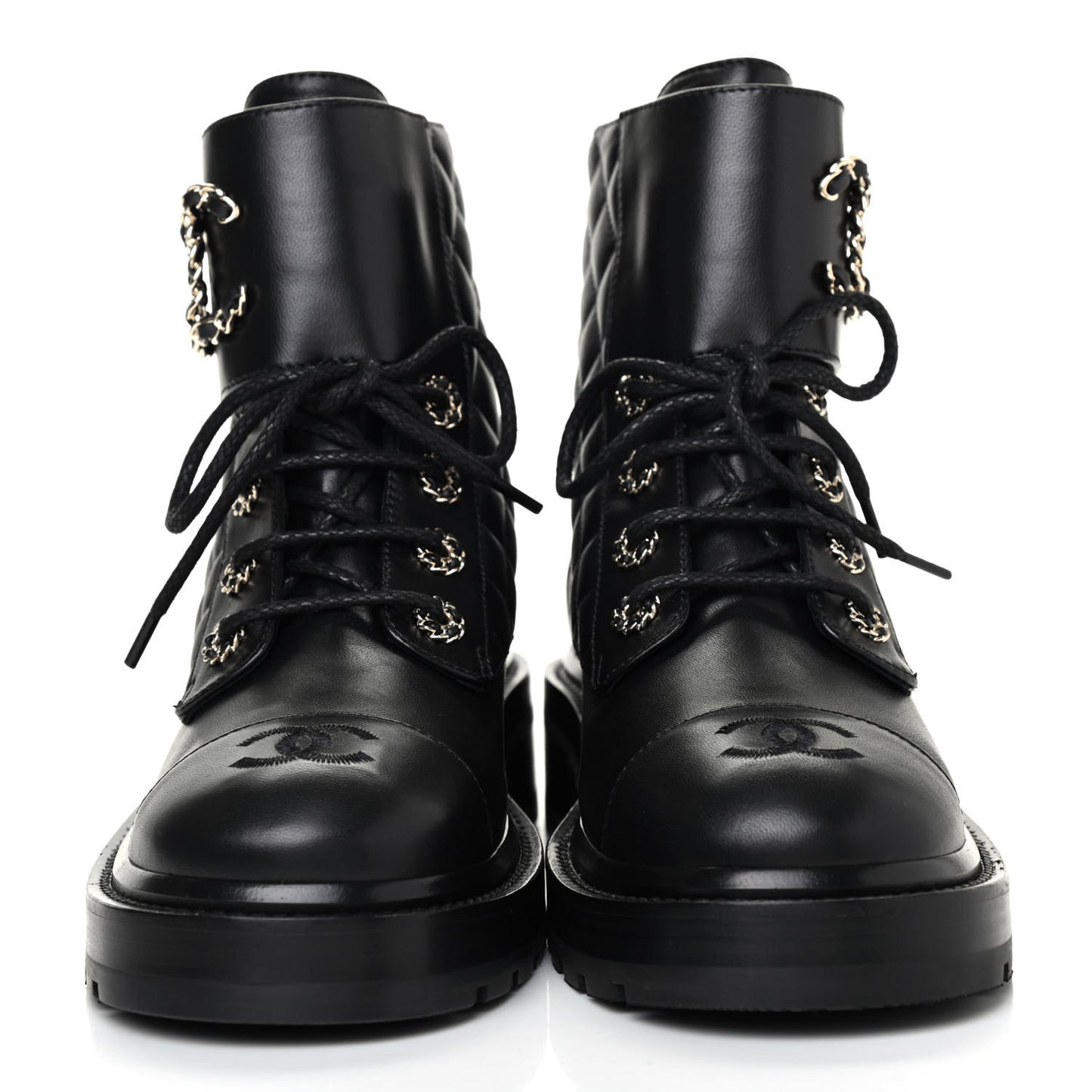 Shiny Lambskin Quilted Lace Up Combat Boots 38 Black
