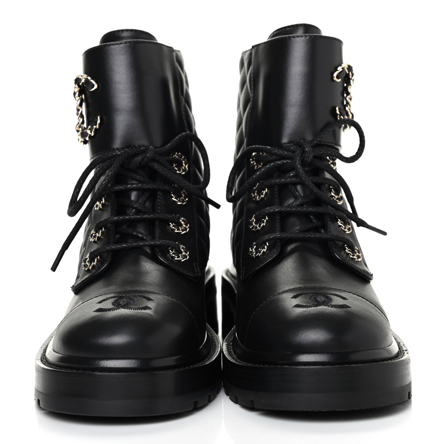 Chanel Shiny Lambskin Quilted Lace Up Combat Boots 38 Black 2 of 10