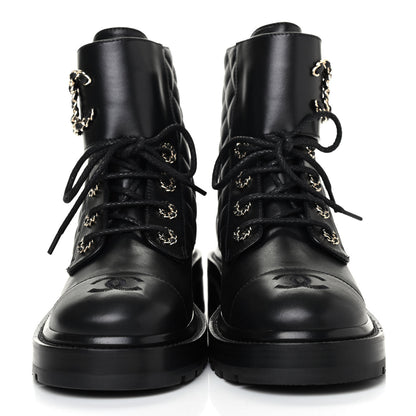 Chanel Shiny Lambskin Quilted Lace Up Combat Boots 38 Black 2 of 10