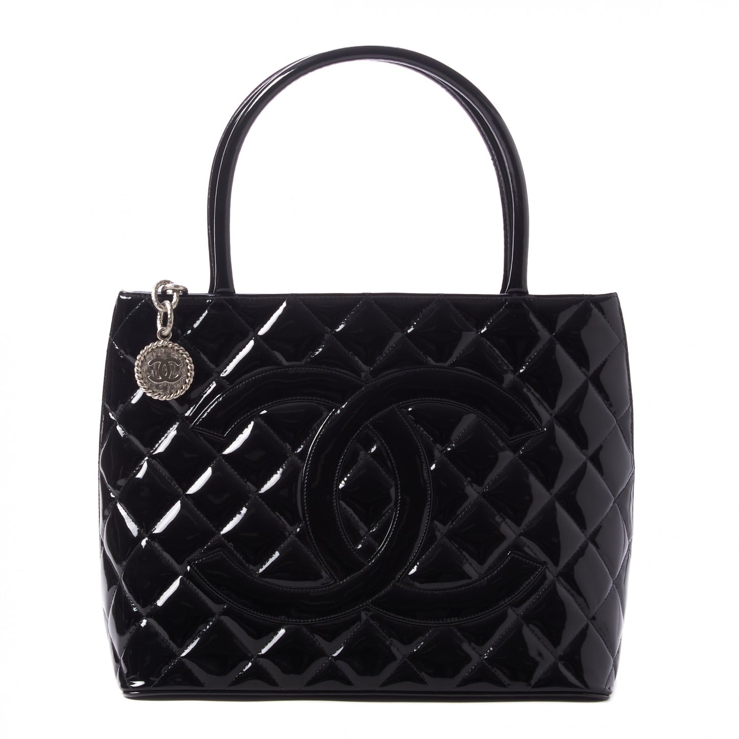 Patent Quilted Medallion Tote Black