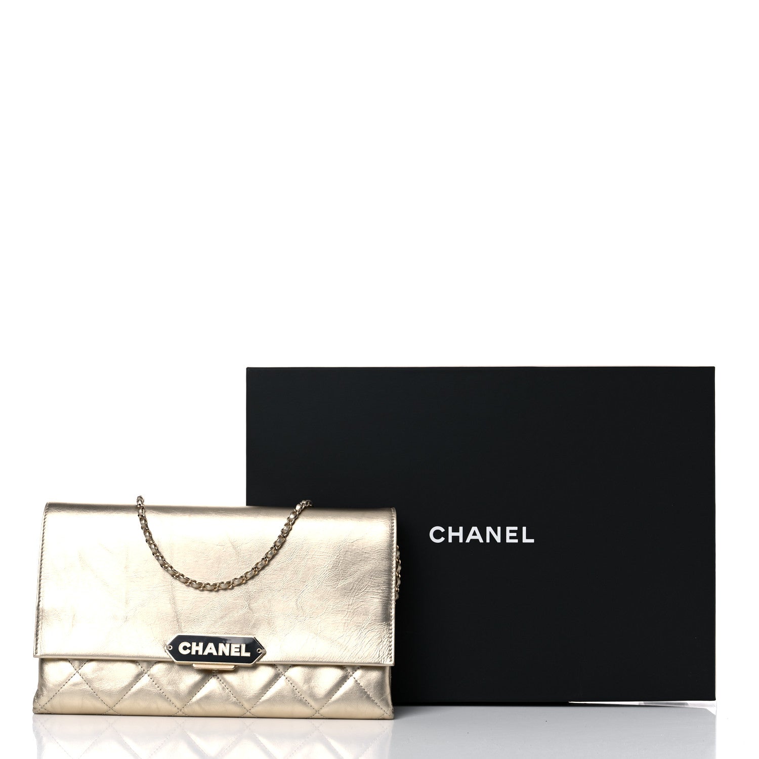 Chanel Metallalized Calfskin Quilted Retro Label Clutch Light Gold 14 of 14