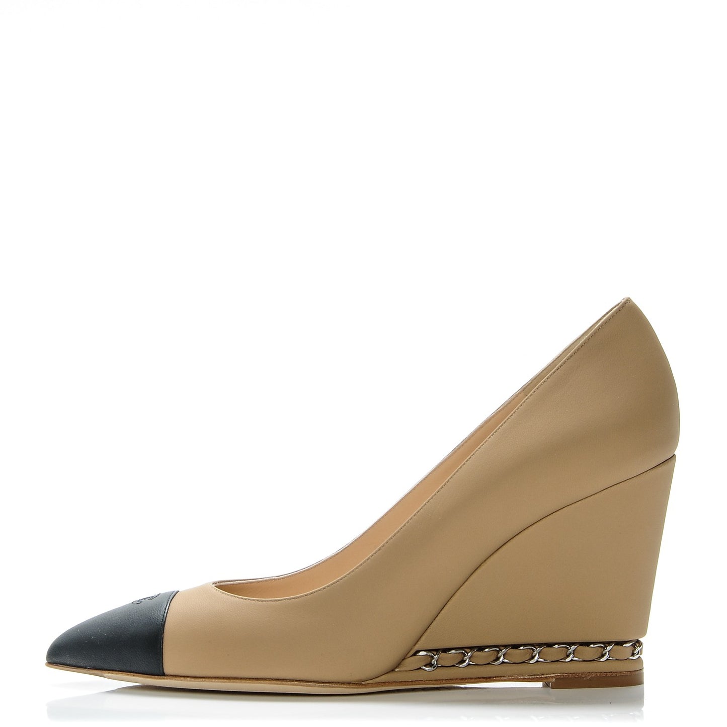 Calfskin Cap Toe Chain Wedge Pumps 39.5 Marron Clair Black