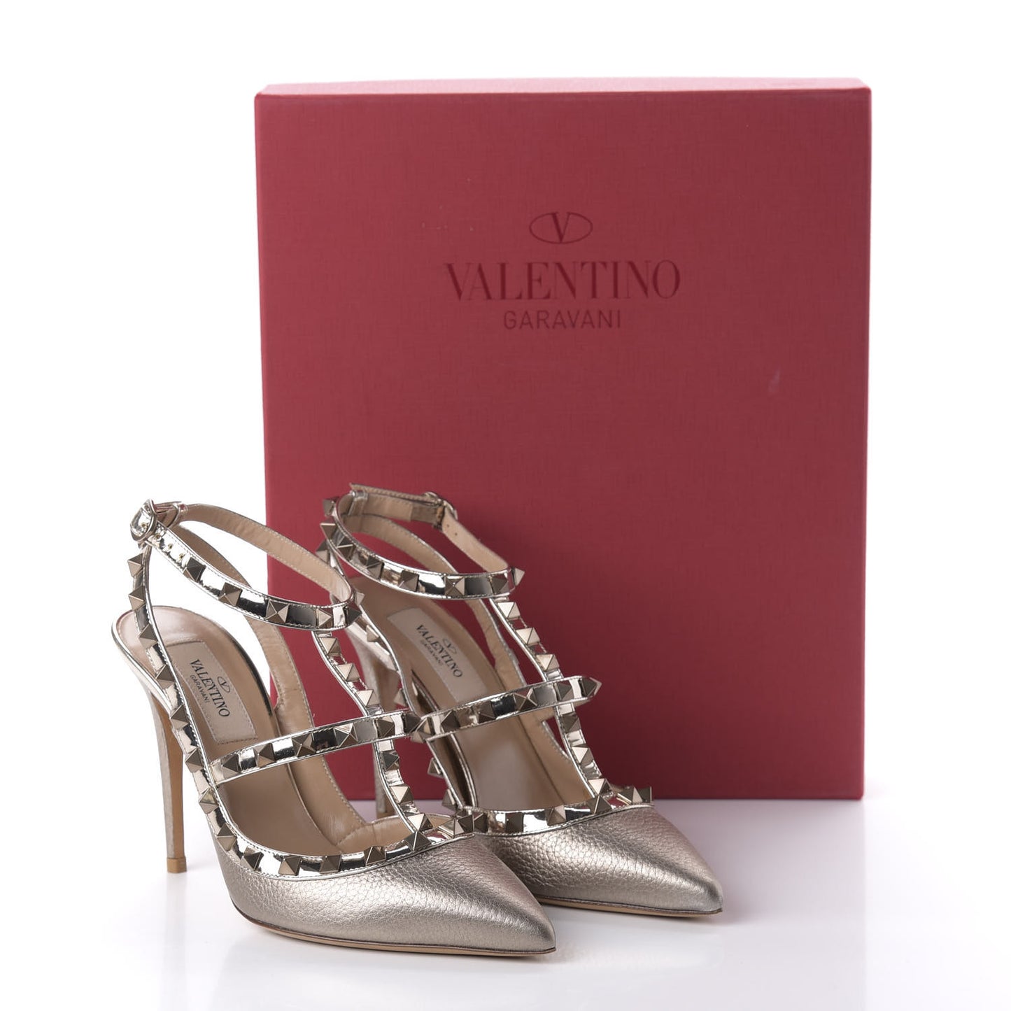 Metallic Pebbled Calfskin Patent Rockstud Ankle Strap 100mm Pumps 36 Skin