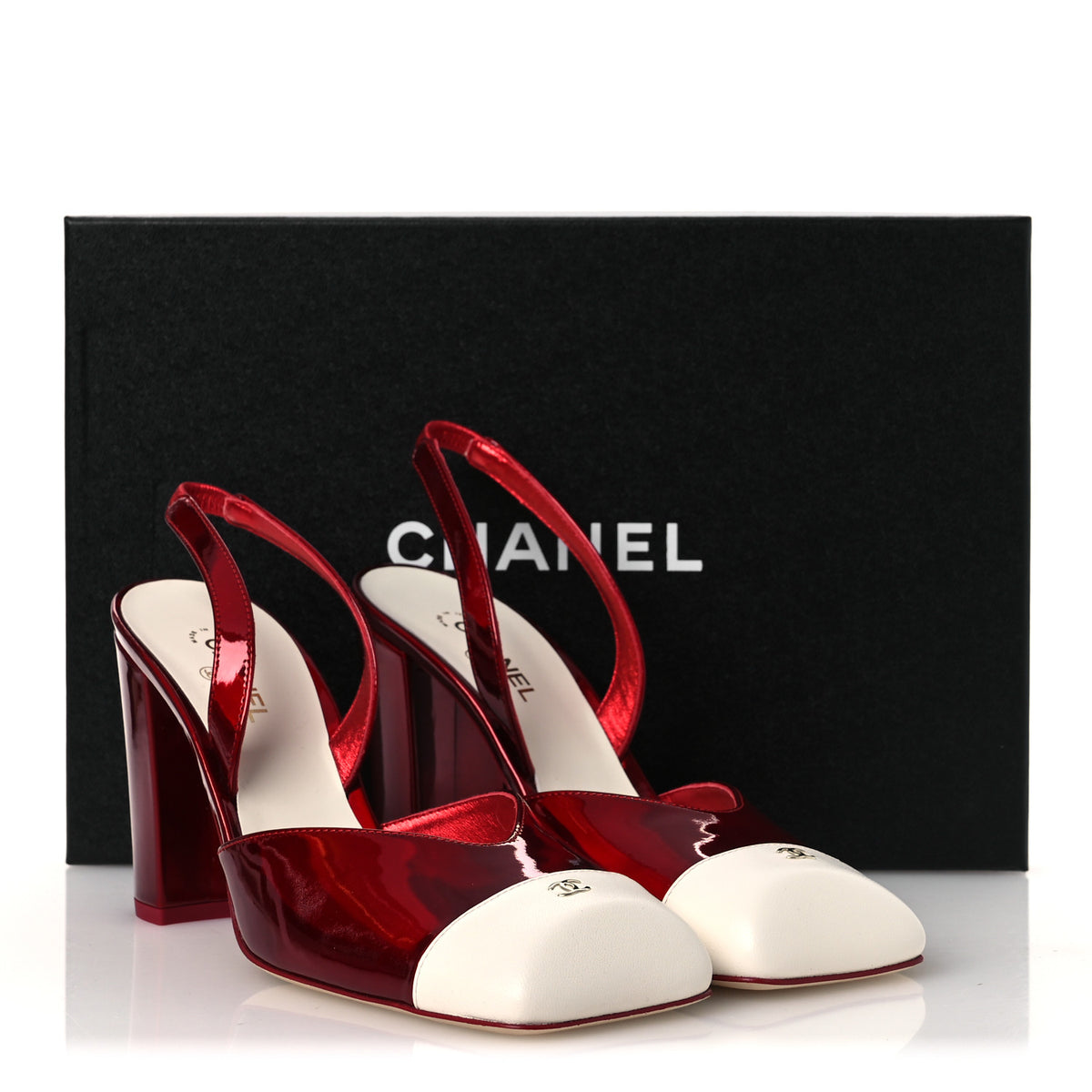 Chanel Laminated Calfskin Lambskin Cap Toe CC Slingback Pumps 38 Red Ivory 11 of 11