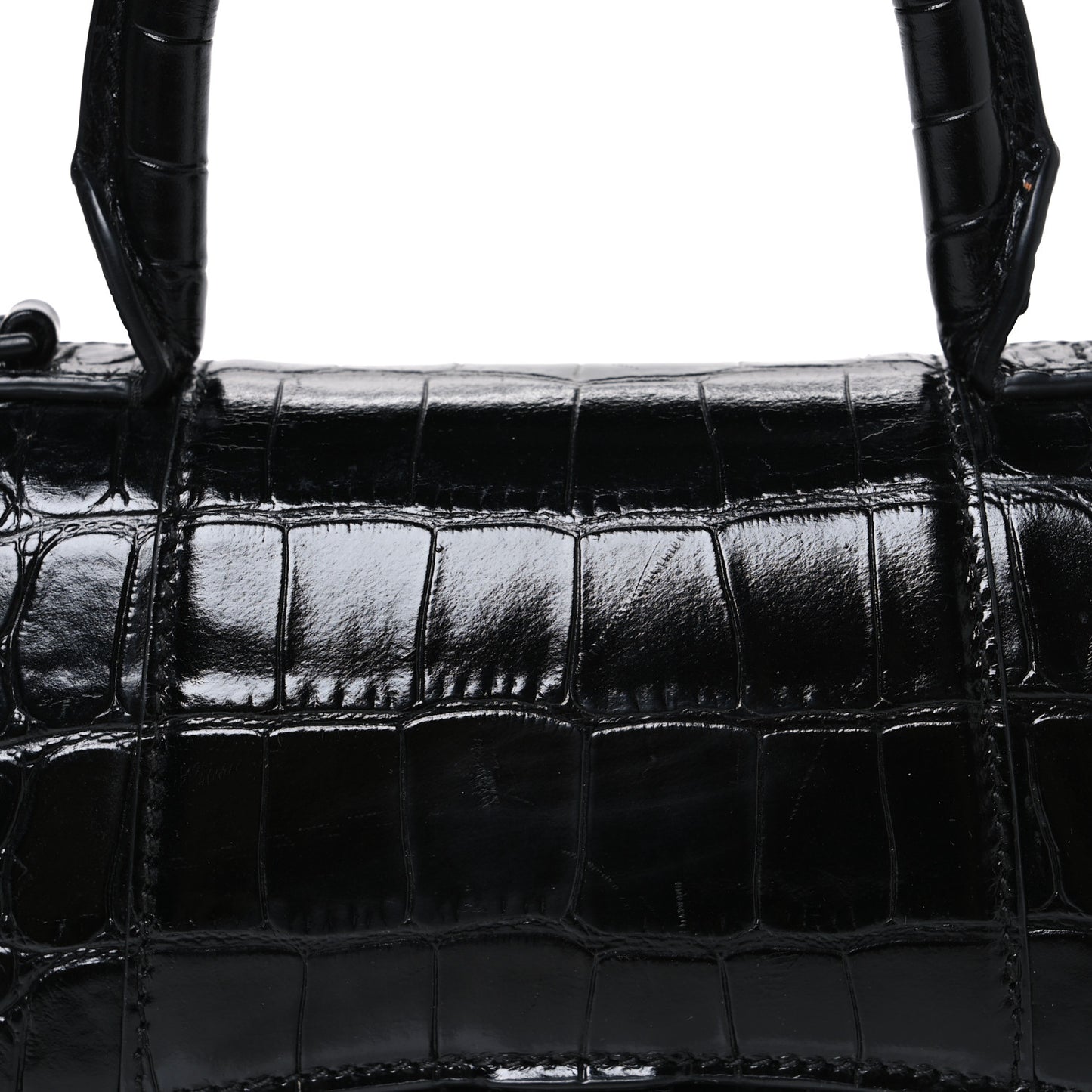 Shiny Calfskin Monochrome Crocodile Embossed Hourglass Top Handle Bag XS Black