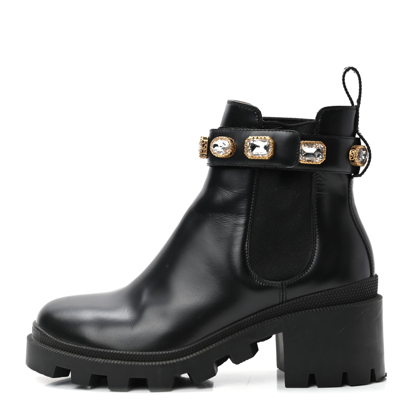Calfskin Crystal GG Trip Chelsea Ankle Boots 37.5 Black